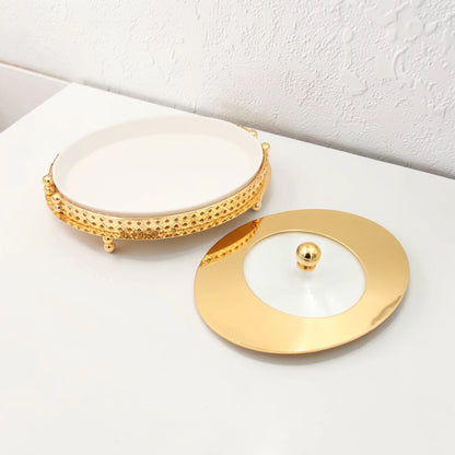 Al Habbai Oval Covered Serving Dish with Lid and Decorative Stand – Elegant Dessert, Dates & Candy Serving Tray for Majlis and Hospitality - Damoo
