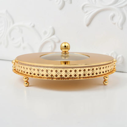 Al Habbai Oval Covered Serving Dish with Lid and Decorative Stand – Elegant Dessert, Dates & Candy Serving Tray for Majlis and Hospitality - Damoo