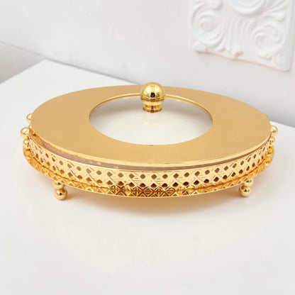 Al Habbai Oval Covered Serving Dish with Lid and Decorative Stand – Elegant Dessert, Dates & Candy Serving Tray for Majlis and Hospitality - Damoo