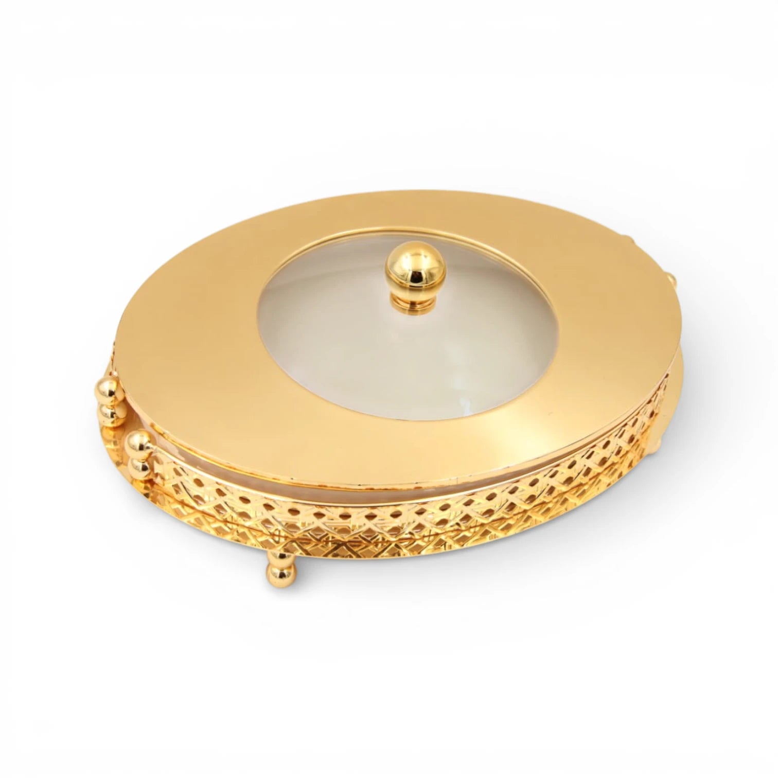 Al Habbai Oval Covered Serving Dish with Lid and Decorative Stand – Elegant Dessert, Dates & Candy Serving Tray for Majlis and Hospitality - Damoo