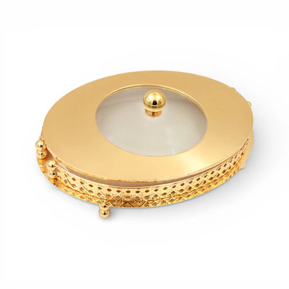 Al Habbai Oval Covered Serving Dish with Lid and Decorative Stand – Elegant Dessert, Dates & Candy Serving Tray for Majlis and Hospitality - Damoo