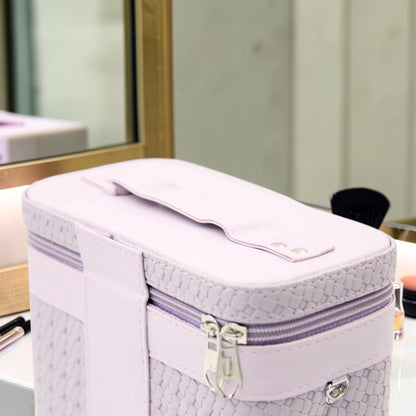 Luxury Portable Makeup Storage Box with Handle and Shoulder Strap – Large Cosmetic Organizer Case with Zipper Travel Beauty Bag (22x19x10.5cm) - Damoo