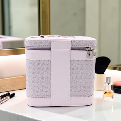 Luxury Portable Makeup Storage Box with Handle and Shoulder Strap – Large Cosmetic Organizer Case with Zipper Travel Beauty Bag (22x19x10.5cm) - Damoo