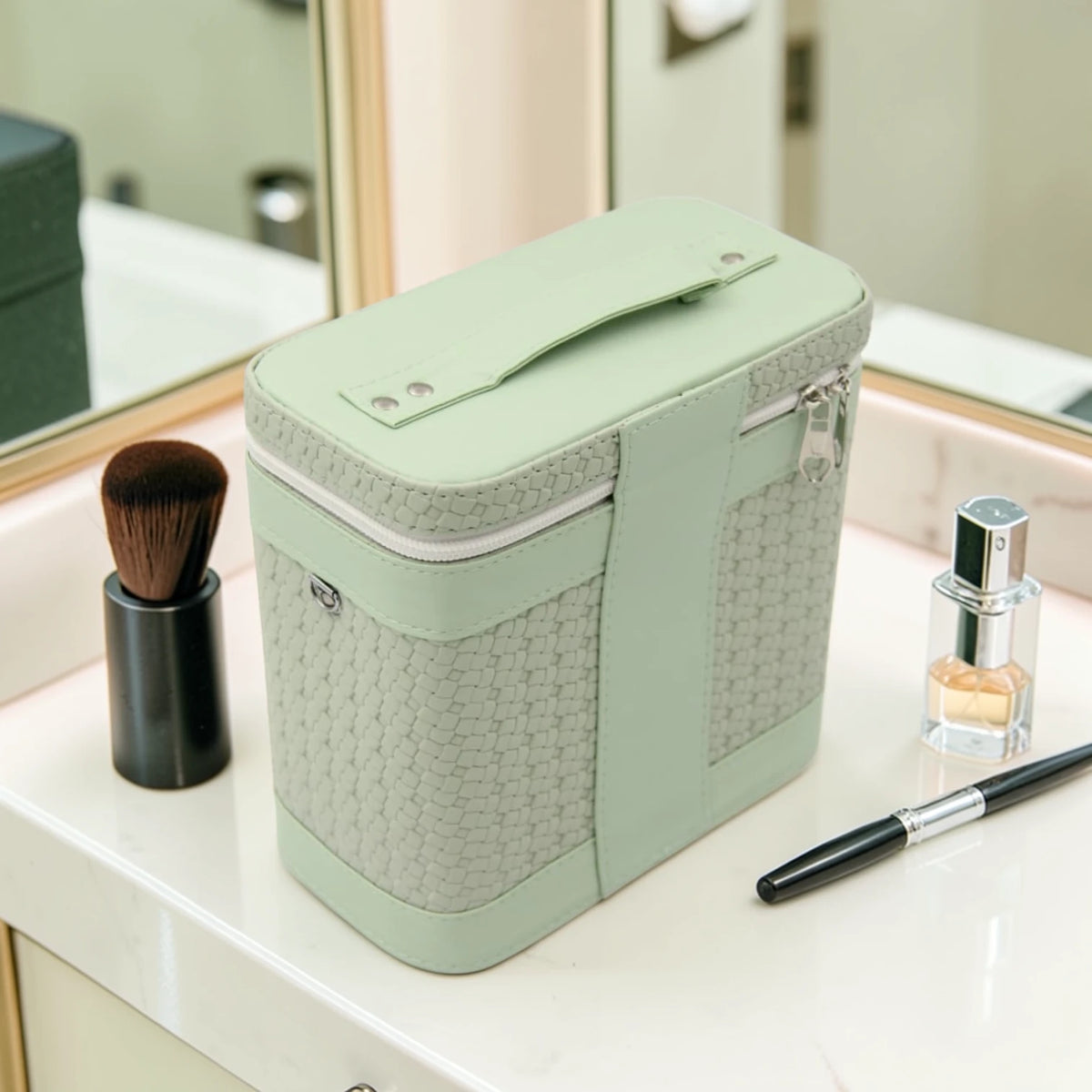 Luxury Portable Makeup Storage Box with Handle and Shoulder Strap – Large Cosmetic Organizer Case with Zipper Travel Beauty Bag (22x19x10.5cm) - Damoo