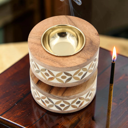 Handcrafted Wooden Bakhoor Burner with Metal Bowl – Oud Incense Burner Holder for Home Fragrance & Arabic Decor (11.5x10x10cm) - Damoo
