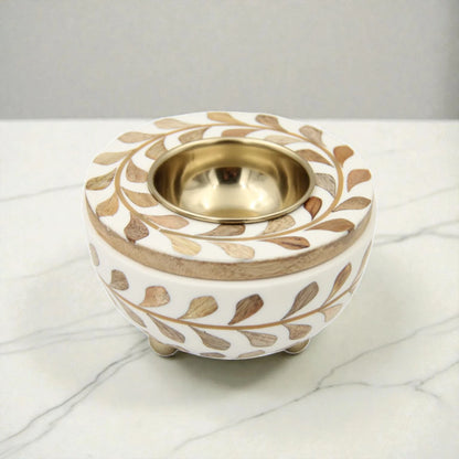 Round Wooden Bakhoor Burner with Metal Bowl – Oud Incense Burner for Home Fragrance & Arabic Decor (8.5H x 13L x 13W CM) - Damoo