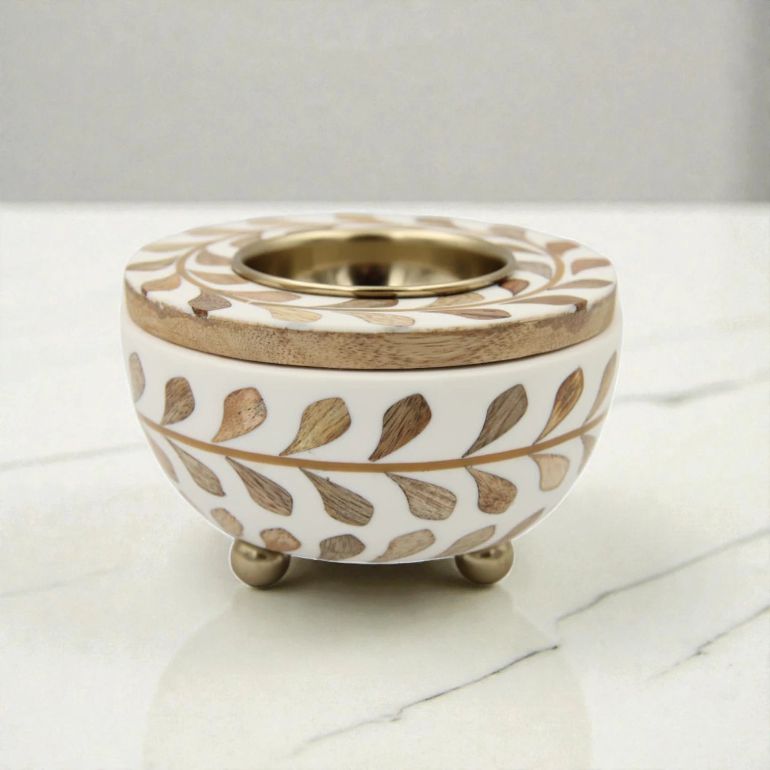 Round Wooden Bakhoor Burner with Metal Bowl – Oud Incense Burner for Home Fragrance & Arabic Decor (8.5H x 13L x 13W CM) - Damoo