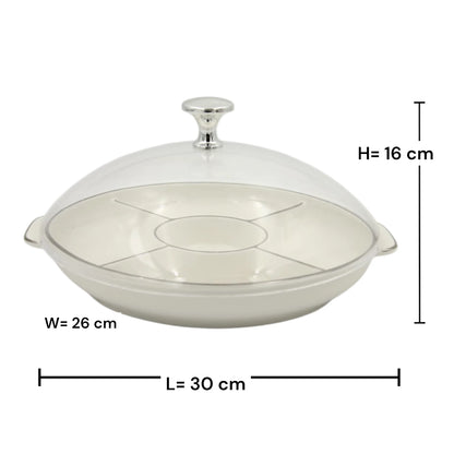 Round Sectioned Serving Tray with Lid & Handles – Multi-Compartment Snack & Appetizer Serving Plate with Covered Top (16H x 30L × 26W CM) - Damoo