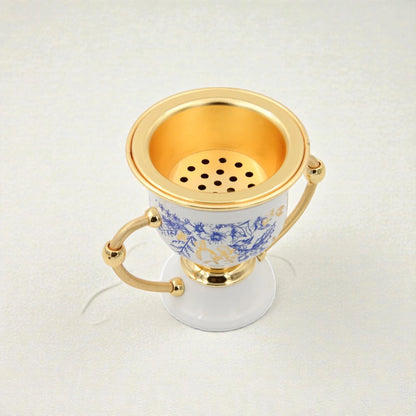 Luxury Ceramic Bakhoor Burner with Gold Metal Insert & Decorative Floral Pattern – Oud Incense Burner for Home & Majlis (15.5H x 19L x 13W CM) - Damoo