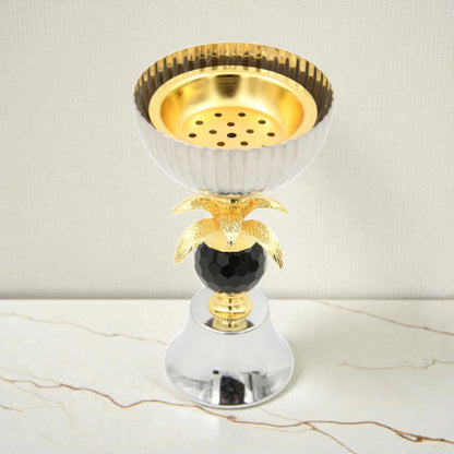Luxury Metal Bakhoor Burner with Crystal Base & Decorative Gold Detailing – Oud Incense Burner for Home Fragrance & Majlis (18H x 10L x 10W CM) - Damoo