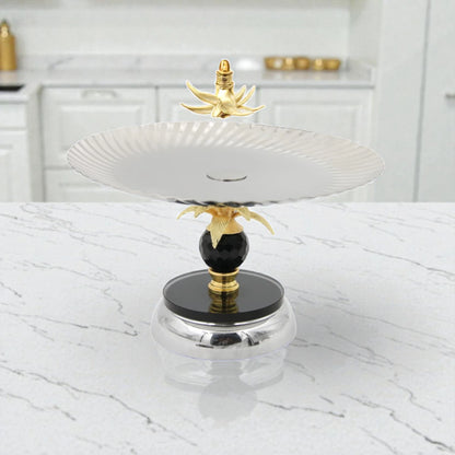 Luxury Metal Serving Tray Stand with Decorative Palm Design & Crystal Accent – Pedestal Dessert & Fruit Display Plate for Table Décor (15H x 24.5L x 24.5W CM) - Damoo