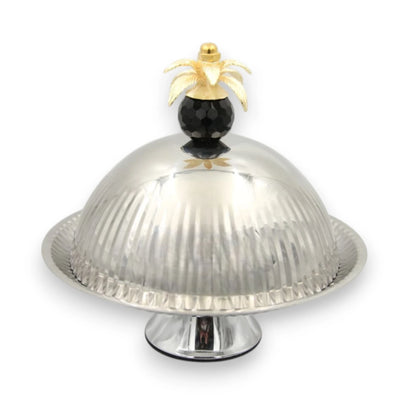 Luxury Metal Covered Serving Tray Stand with Dome Lid & Decorative Palm Handle – Elegant Dessert, Fruit & Snack Display Platter with Lid (24H x 24L x 24W CM) - Damoo