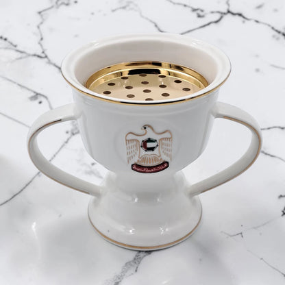 UAE Incense Burner Cup with Double Handles & Removable Metal Tray – Bakhoor Oud Burner with Emirati Logo (H(11.5cm) x W(10cm) x L(15cm) x Base(8cm)) - Damoo
