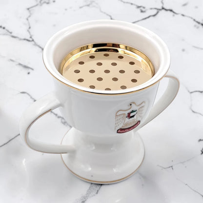 UAE Incense Burner Cup with Double Handles & Removable Metal Tray – Bakhoor Oud Burner with Emirati Logo (H(11.5cm) x W(10cm) x L(15cm) x Base(8cm)) - Damoo