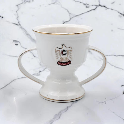 UAE Incense Burner Cup with Double Handles & Removable Metal Tray – Bakhoor Oud Burner with Emirati Logo (H(11.5cm) x W(10cm) x L(15cm) x Base(8cm)) - Damoo