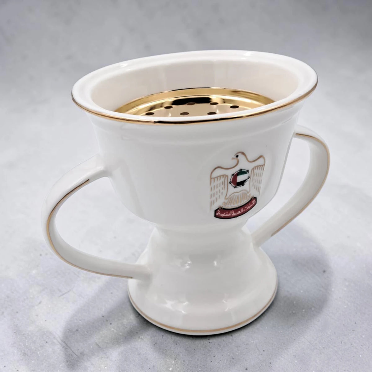 UAE National Emblem Double Handle Serving Cup with Gold Strainer Insert and Decorative Rim (13H x 16L x 12W CM) - Damoo