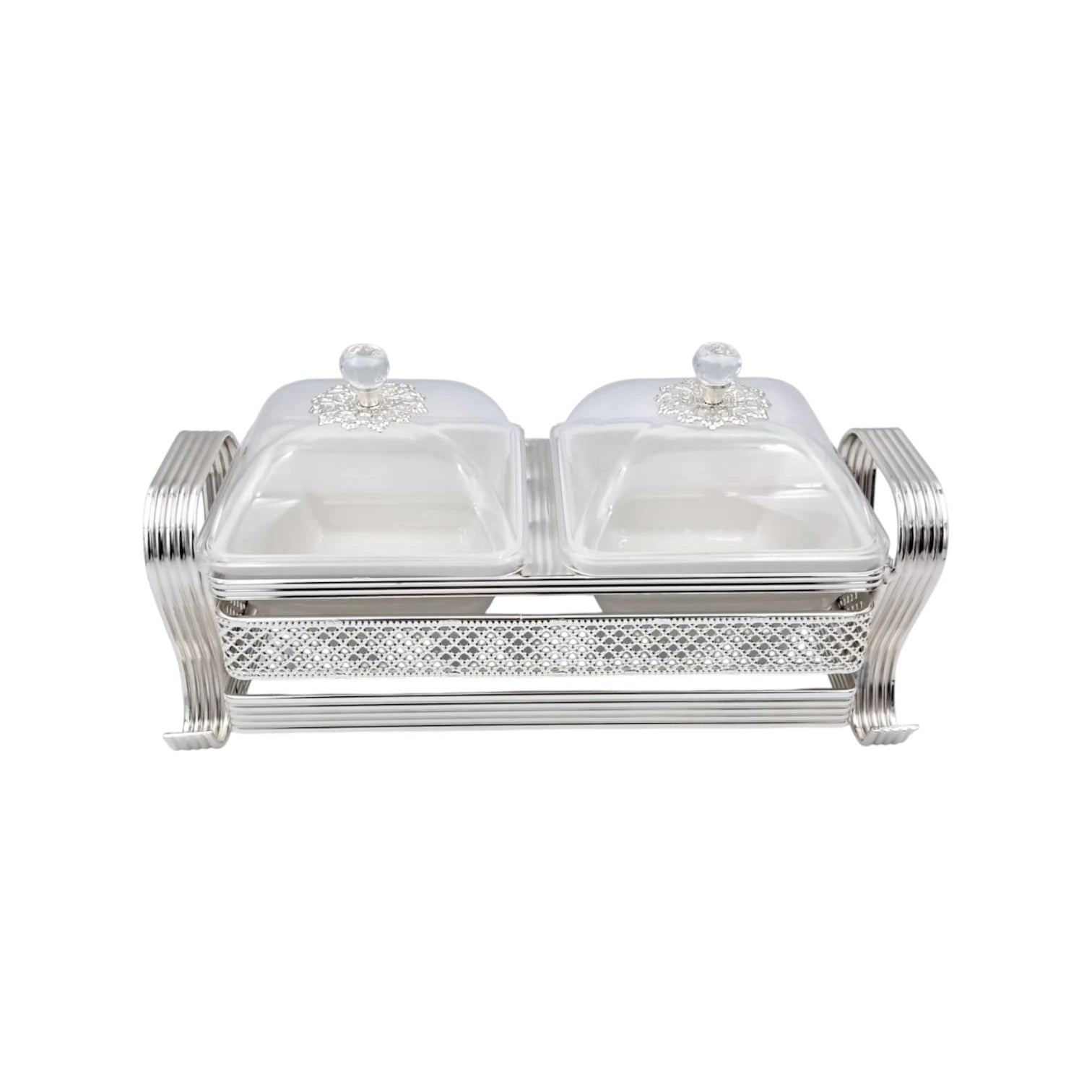 2 Compartment Covered Serving Tray Set with Stand Decorative Snack Server with Lid for Nuts Sweets and Dips (17H x 30.5L x 12W CM) - Damoo