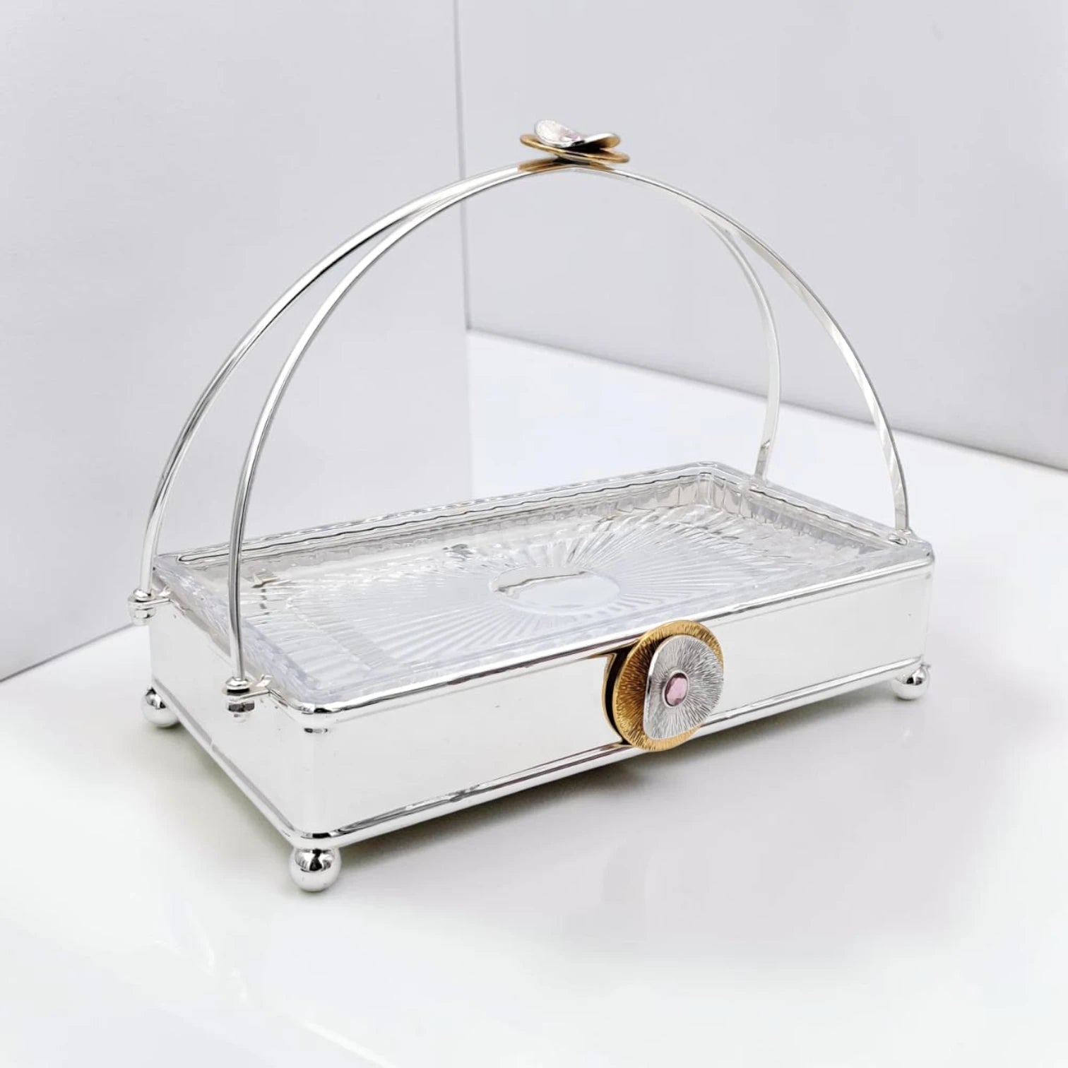 MAY FLOWER Rectangular Serving Tray with Glass Plate Insert and Decorative Arch Handle Elegant Food Display Stand (24H x 31L x 17.5W CM) - Damoo