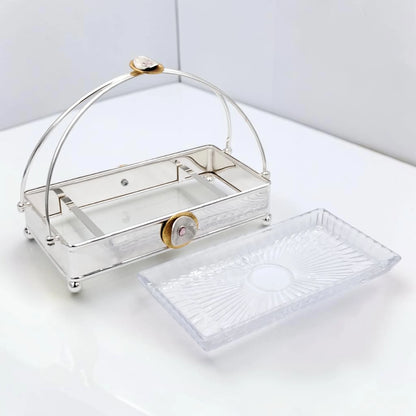 MAY FLOWER Rectangular Serving Tray with Glass Plate Insert and Decorative Arch Handle Elegant Food Display Stand (24H x 31L x 17.5W CM) - Damoo