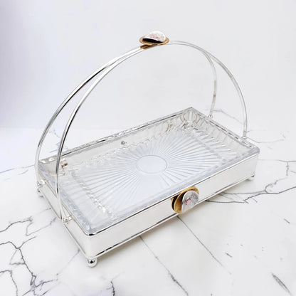MAY FLOWER Premium Rectangular Serving Tray with Glass Plate Insert and Arch Handle Decorative Food Serving Stand (29H x 37L x 21.5W CM) - Damoo