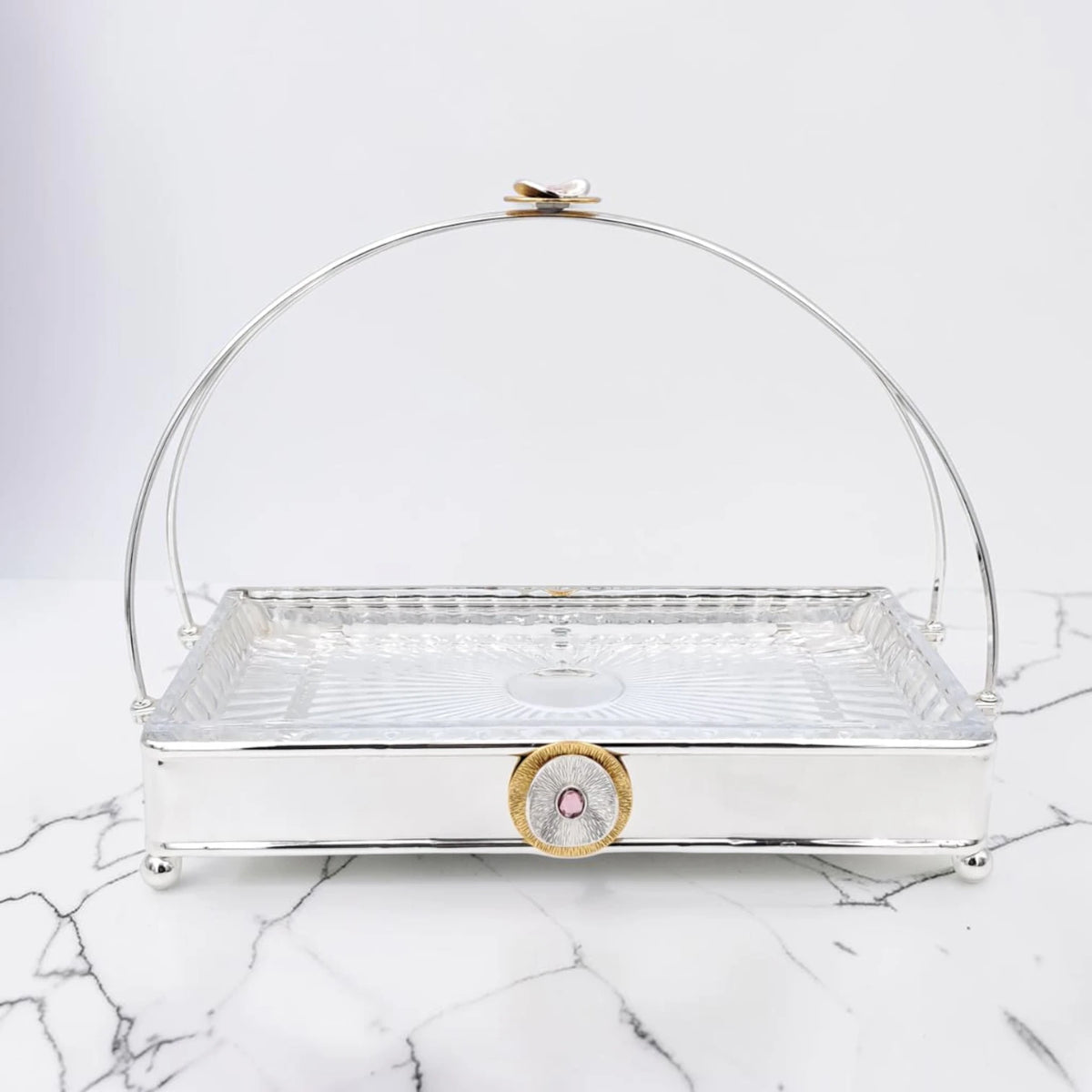 MAY FLOWER Premium Rectangular Serving Tray with Glass Plate Insert and Arch Handle Decorative Food Serving Stand (29H x 37L x 21.5W CM) - Damoo