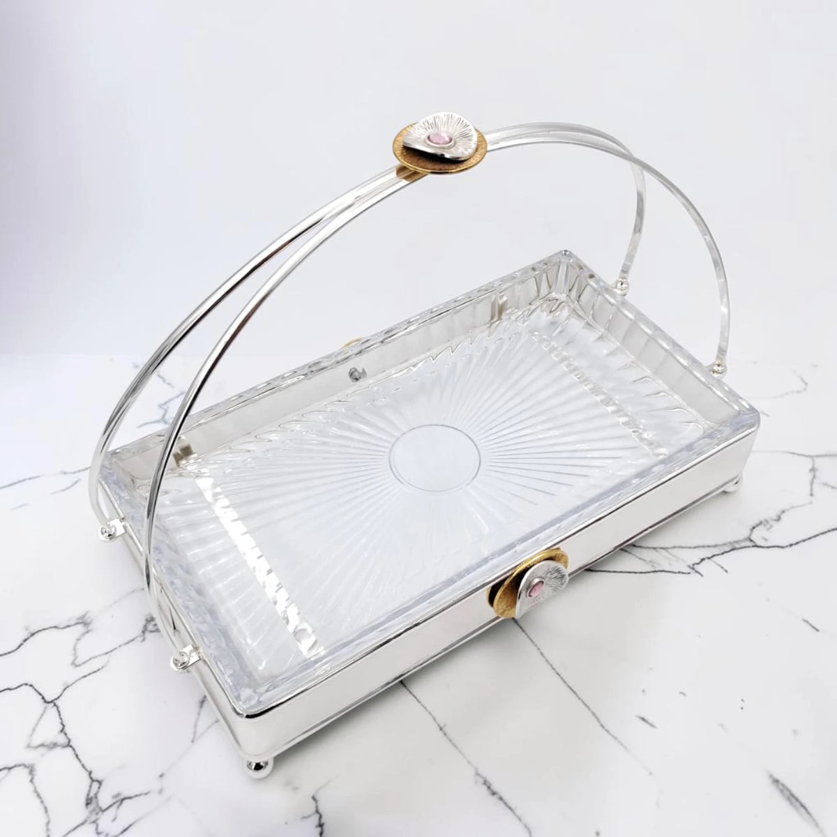 MAY FLOWER Premium Rectangular Serving Tray with Glass Plate Insert and Arch Handle Decorative Food Serving Stand (29H x 37L x 21.5W CM) - Damoo