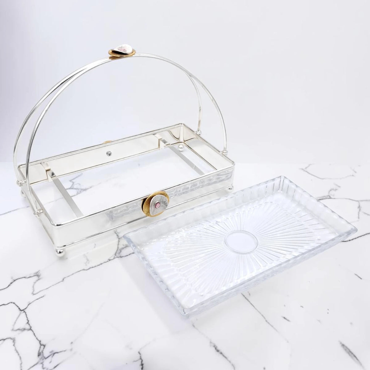 MAY FLOWER Premium Rectangular Serving Tray with Glass Plate Insert and Arch Handle Decorative Food Serving Stand (29H x 37L x 21.5W CM) - Damoo