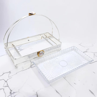 MAY FLOWER Premium Rectangular Serving Tray with Glass Plate Insert and Arch Handle Decorative Food Serving Stand (29H x 37L x 21.5W CM) - Damoo