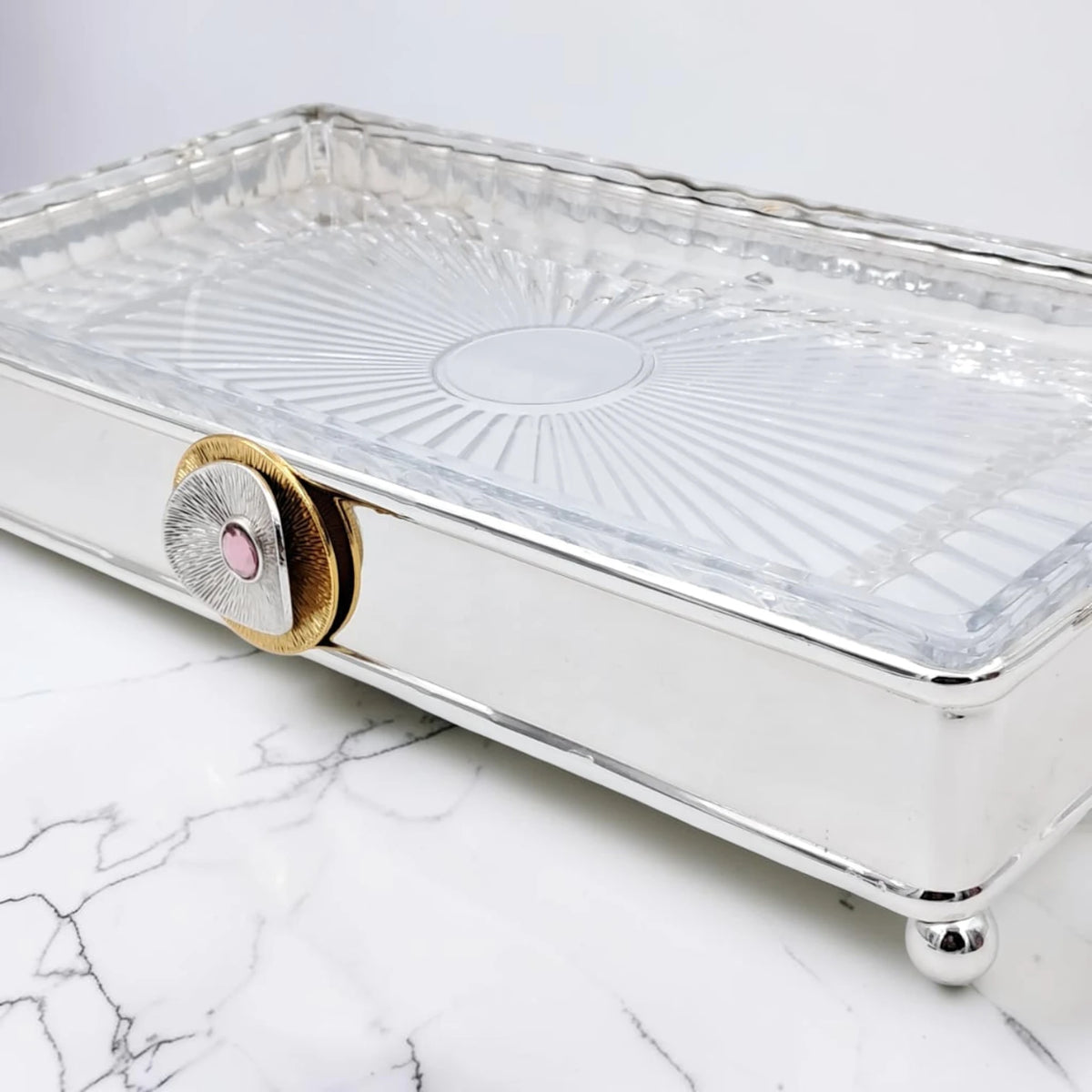 MAY FLOWER Premium Rectangular Serving Tray with Glass Plate Insert and Arch Handle Decorative Food Serving Stand (29H x 37L x 21.5W CM) - Damoo