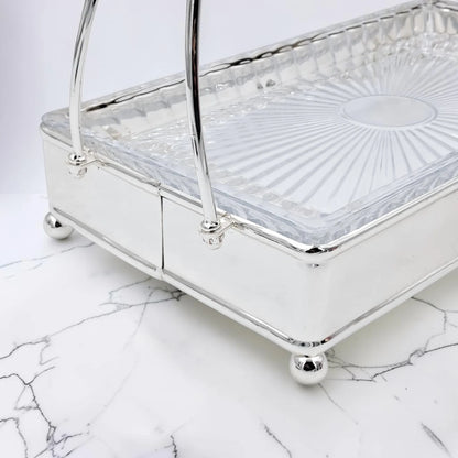 MAY FLOWER Premium Rectangular Serving Tray with Glass Plate Insert and Arch Handle Decorative Food Serving Stand (29H x 37L x 21.5W CM) - Damoo