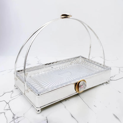 MAY FLOWER Premium Rectangular Serving Tray with Glass Plate Insert and Arch Handle Decorative Food Serving Stand (29H x 37L x 21.5W CM) - Damoo