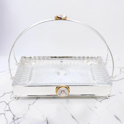MAY FLOWER Premium Rectangular Serving Tray with Glass Plate Insert and Arch Handle Decorative Food Serving Stand (29H x 37L x 21.5W CM) - Damoo
