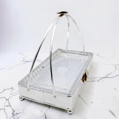 MAY FLOWER Premium Rectangular Serving Tray with Glass Plate Insert and Arch Handle Decorative Food Serving Stand (29H x 37L x 21.5W CM) - Damoo