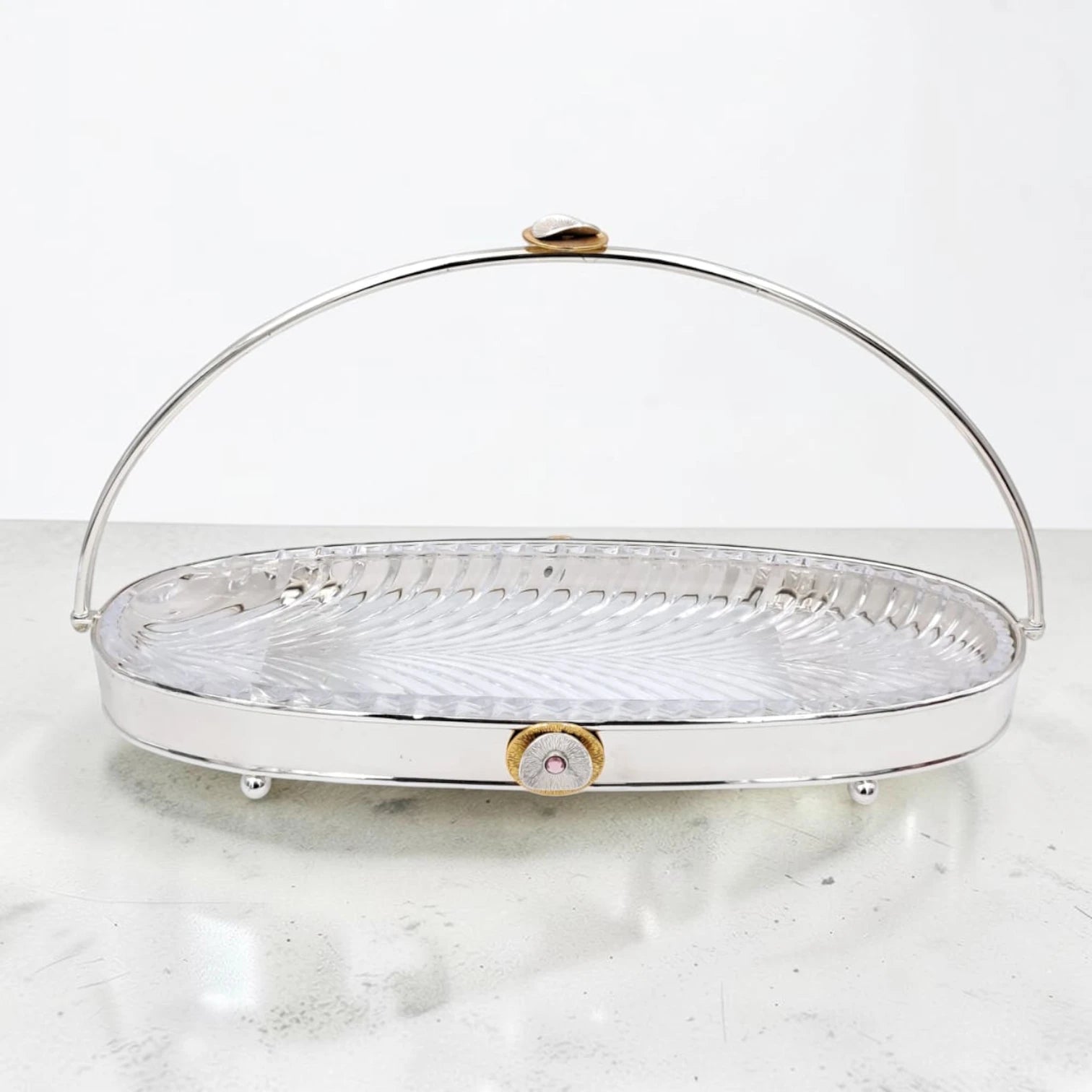MAY FLOWER Premium Oval Serving Tray with Glass Plate Insert and Arch Handle Decorative Food Display Stand (30H x 53L x 18.5W CM) - Damoo