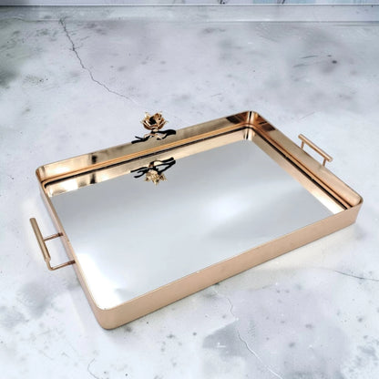 MAY FLOWER Luxury Gold Mirrored Serving Tray with Handles Decorative Vanity Organizer Tray for Coffee Table Dining Table & Home Décor (8H x 48.5L x 30W CM) - Damoo