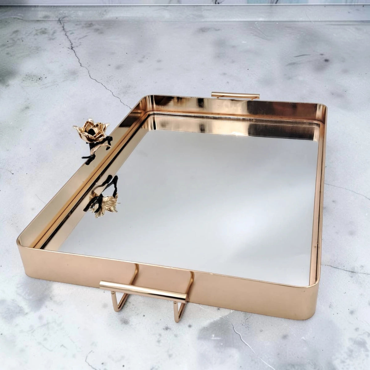 MAY FLOWER Luxury Gold Mirrored Serving Tray with Handles Decorative Vanity Organizer Tray for Coffee Table Dining Table & Home Décor (8H x 48.5L x 30W CM) - Damoo