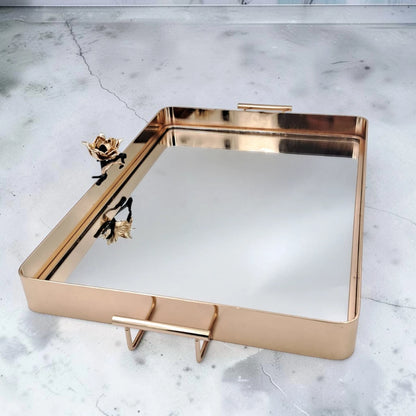 MAY FLOWER Luxury Gold Mirrored Serving Tray with Handles Decorative Vanity Organizer Tray for Coffee Table Dining Table & Home Décor (8H x 48.5L x 30W CM) - Damoo
