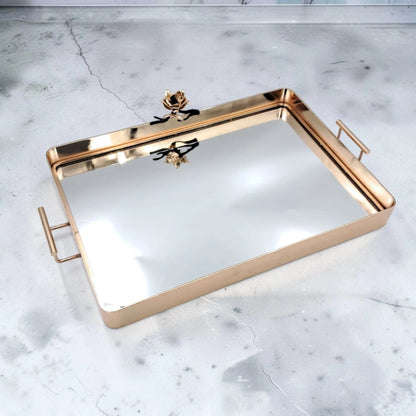 MAY FLOWER Luxury Gold Mirrored Serving Tray with Handles Decorative Vanity Organizer Tray for Coffee Table Dining Table & Home Décor (8H x 48.5L x 30W CM) - Damoo