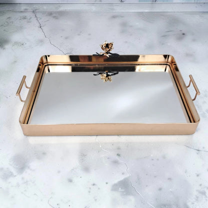 MAY FLOWER Luxury Gold Mirrored Serving Tray with Handles Decorative Vanity Organizer Tray for Coffee Table Dining Table & Home Décor (8H x 48.5L x 30W CM) - Damoo