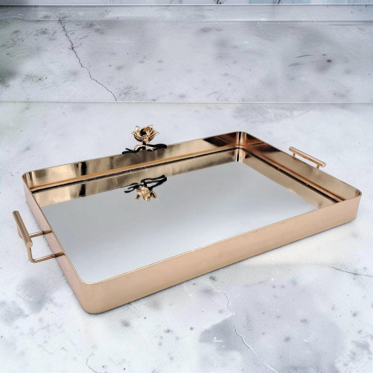 MAY FLOWER Luxury Gold Mirrored Serving Tray with Handles Decorative Vanity Organizer Tray for Coffee Table Dining Table & Home Décor (8H x 48.5L x 30W CM) - Damoo