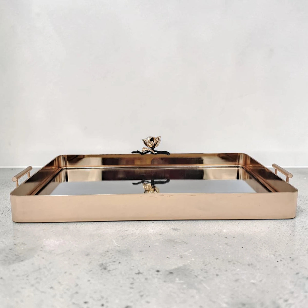 MAY FLOWER Luxury Gold Mirrored Serving Tray with Handles Decorative Vanity Organizer Tray for Coffee Table Dining Table & Home Décor (8H x 48.5L x 30W CM) - Damoo