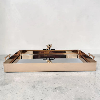 MAY FLOWER Luxury Gold Mirrored Serving Tray with Handles Decorative Vanity Organizer Tray for Coffee Table Dining Table & Home Décor (8H x 48.5L x 30W CM) - Damoo