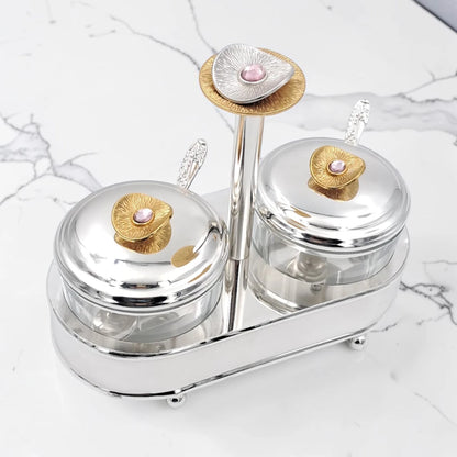 Luxury Double Glass Condiment Jar Set with Silver Metal Stand, Decorative Sugar Bowl Spice Container with Lids & Spoons for Tea Coffee Table Kitchen Storage (19H x 21L x 11W CM) - Damoo