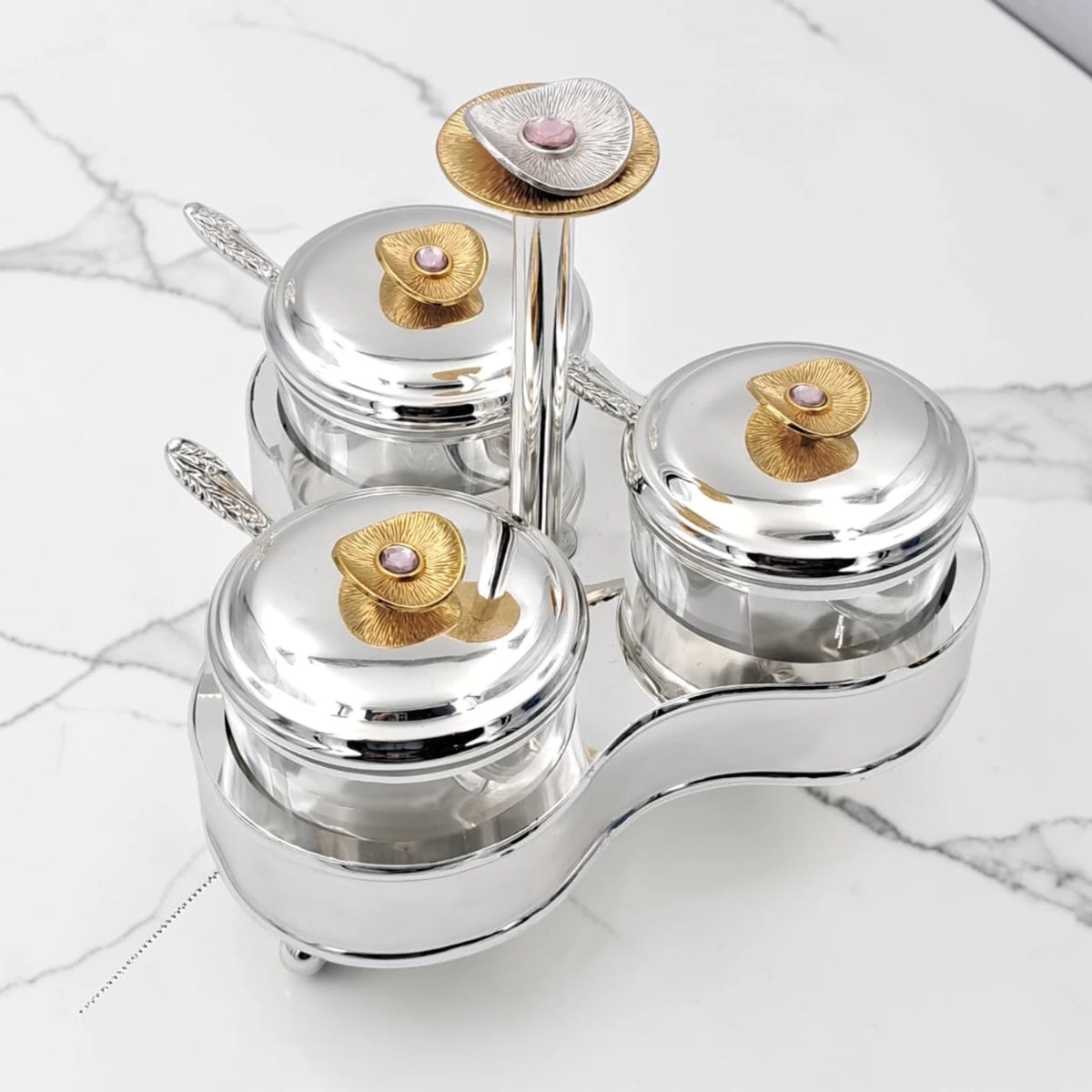 Luxury 3 Jar Condiment Server Set with Stand and Spoons, Glass Spice Storage Containers with Lids, Decorative Sugar Candy Nut Serving Organizer Holder (H(19cm) x W(22cm) x L(22cm) x cap(8cm)) - Damoo