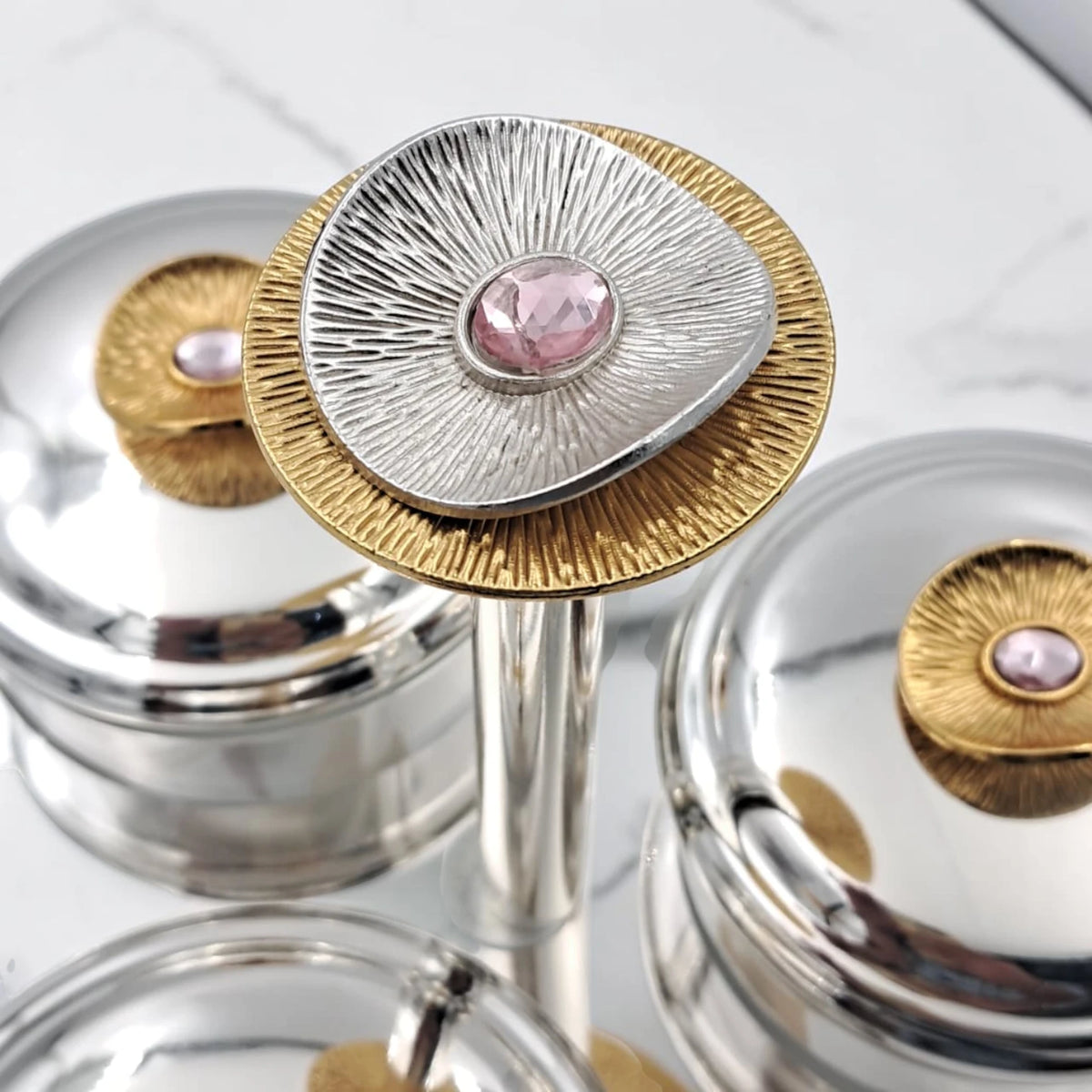 Luxury 3 Jar Condiment Server Set with Stand and Spoons, Glass Spice Storage Containers with Lids, Decorative Sugar Candy Nut Serving Organizer Holder (H(19cm) x W(22cm) x L(22cm) x cap(8cm)) - Damoo