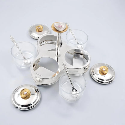 Luxury 3 Jar Condiment Server Set with Stand and Spoons, Glass Spice Storage Containers with Lids, Decorative Sugar Candy Nut Serving Organizer Holder (H(19cm) x W(22cm) x L(22cm) x cap(8cm)) - Damoo