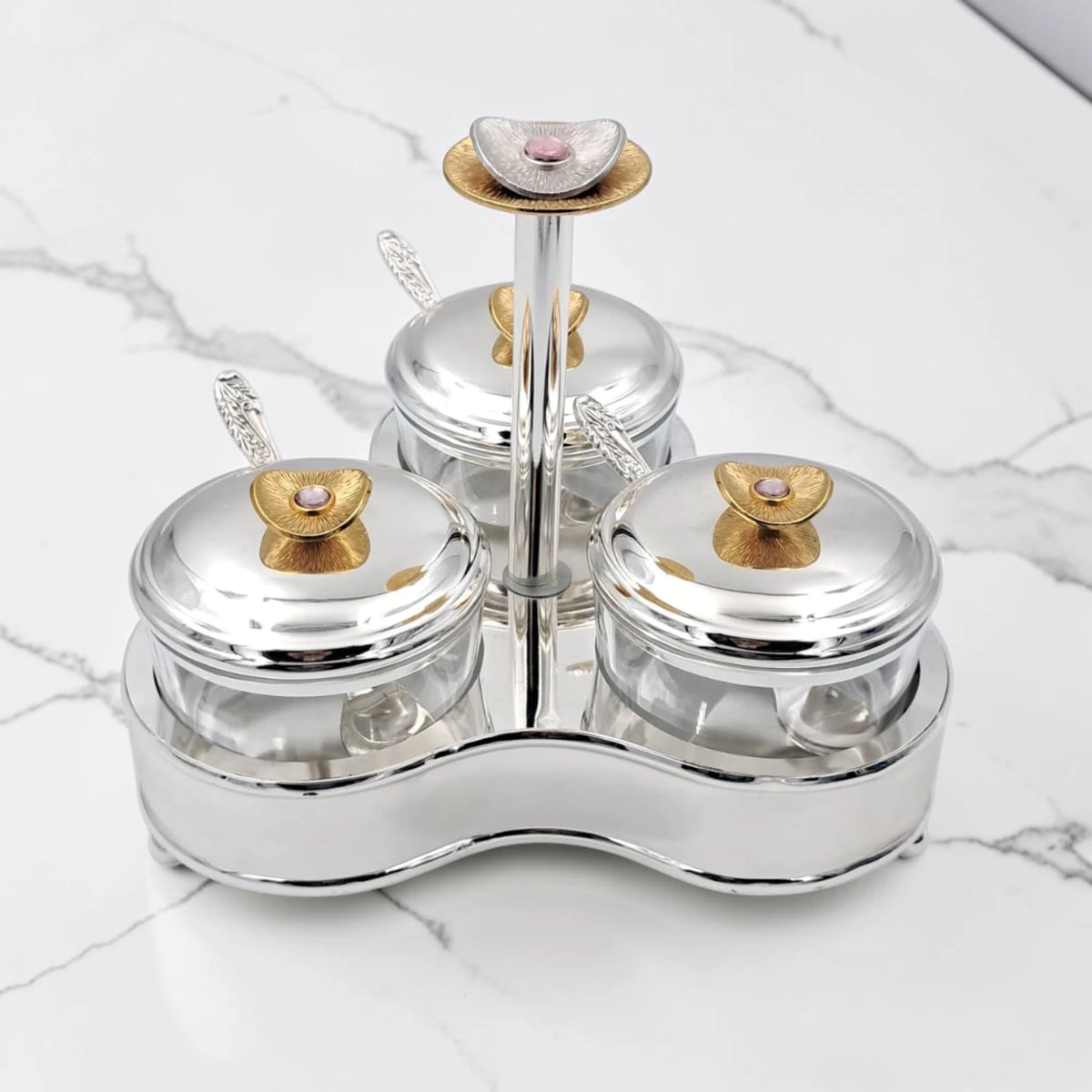 Luxury 3 Jar Condiment Server Set with Stand and Spoons, Glass Spice Storage Containers with Lids, Decorative Sugar Candy Nut Serving Organizer Holder (H(19cm) x W(22cm) x L(22cm) x cap(8cm)) - Damoo