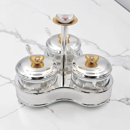 Luxury 3 Jar Condiment Server Set with Stand and Spoons, Glass Spice Storage Containers with Lids, Decorative Sugar Candy Nut Serving Organizer Holder (H(19cm) x W(22cm) x L(22cm) x cap(8cm)) - Damoo
