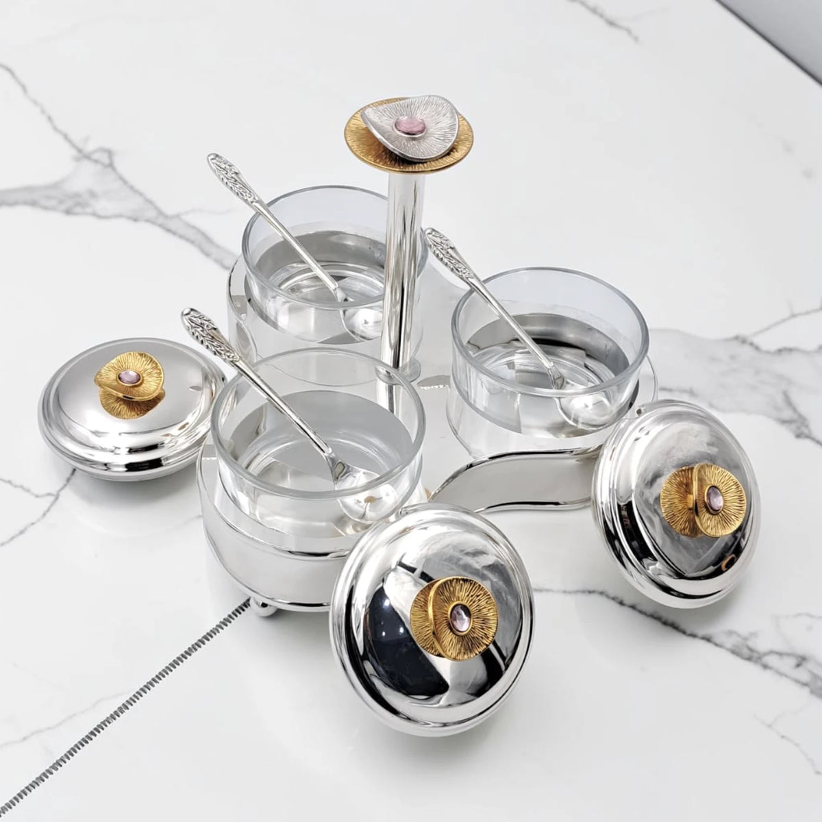 Luxury 3 Jar Condiment Server Set with Stand and Spoons, Glass Spice Storage Containers with Lids, Decorative Sugar Candy Nut Serving Organizer Holder (H(19cm) x W(22cm) x L(22cm) x cap(8cm)) - Damoo