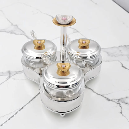 Luxury 3 Jar Condiment Server Set with Stand and Spoons, Glass Spice Storage Containers with Lids, Decorative Sugar Candy Nut Serving Organizer Holder (H(19cm) x W(22cm) x L(22cm) x cap(8cm)) - Damoo
